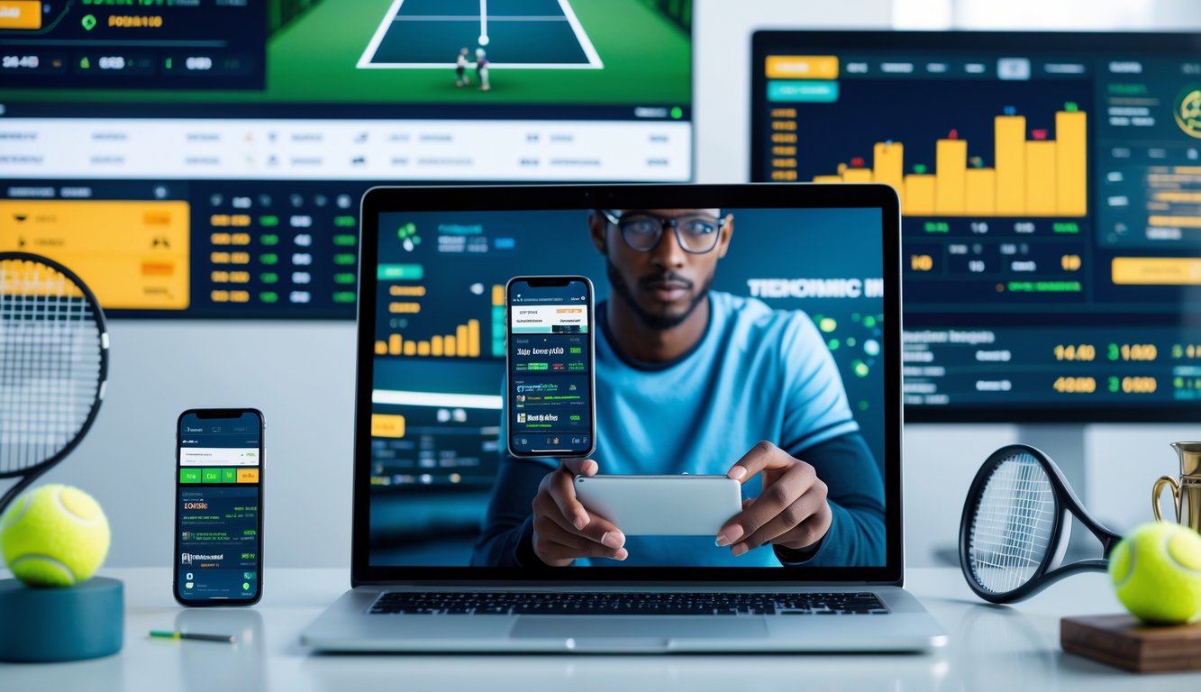 Seorang dewasa muda menggunakan laptop dan ponsel di meja kerja dengan layar menampilkan grafik tenis dan statistik pertandingan.