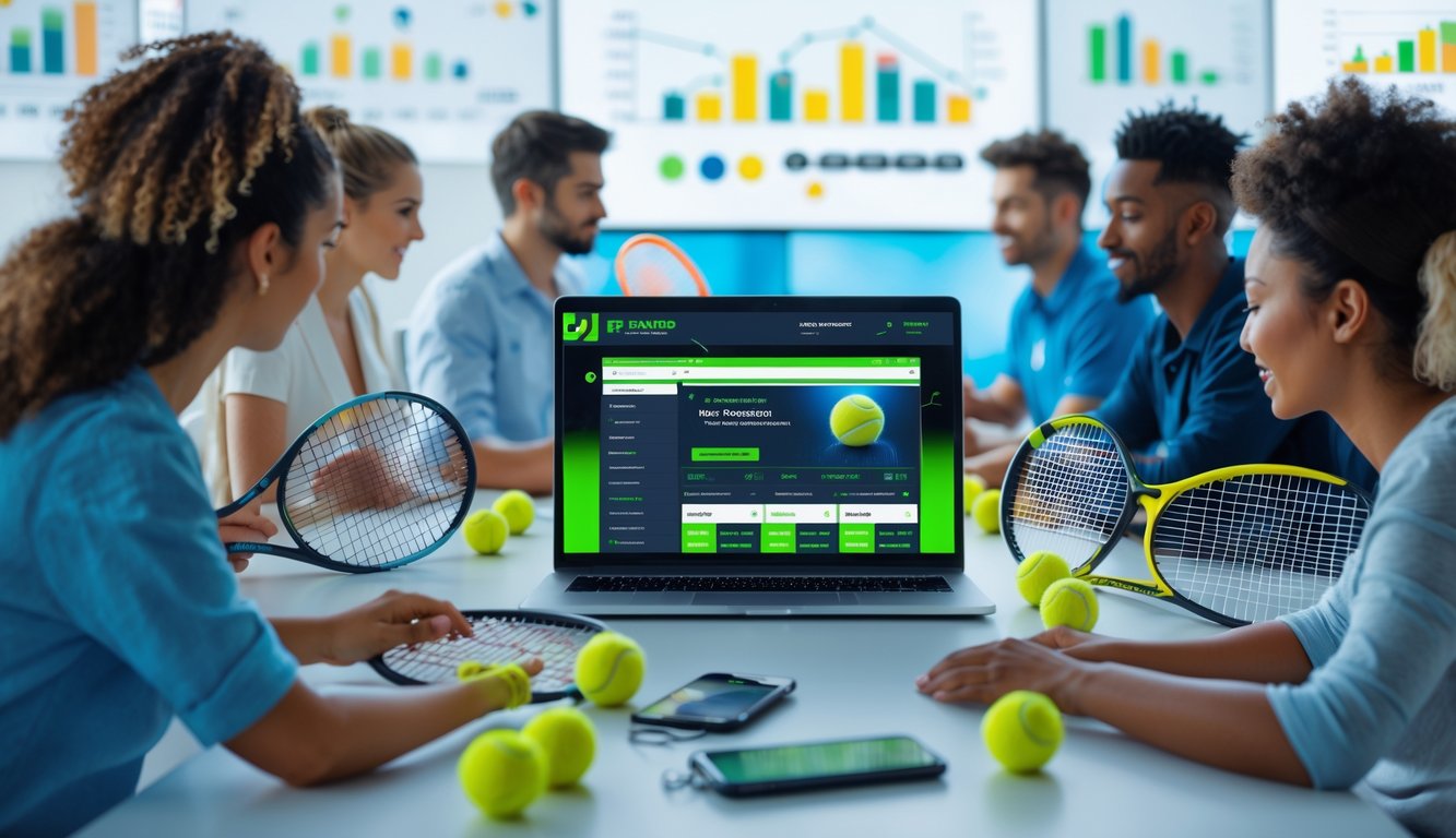 Orang-orang menggunakan laptop dan melihat layar dengan tema taruhan tenis, di meja terdapat raket dan bola tenis.