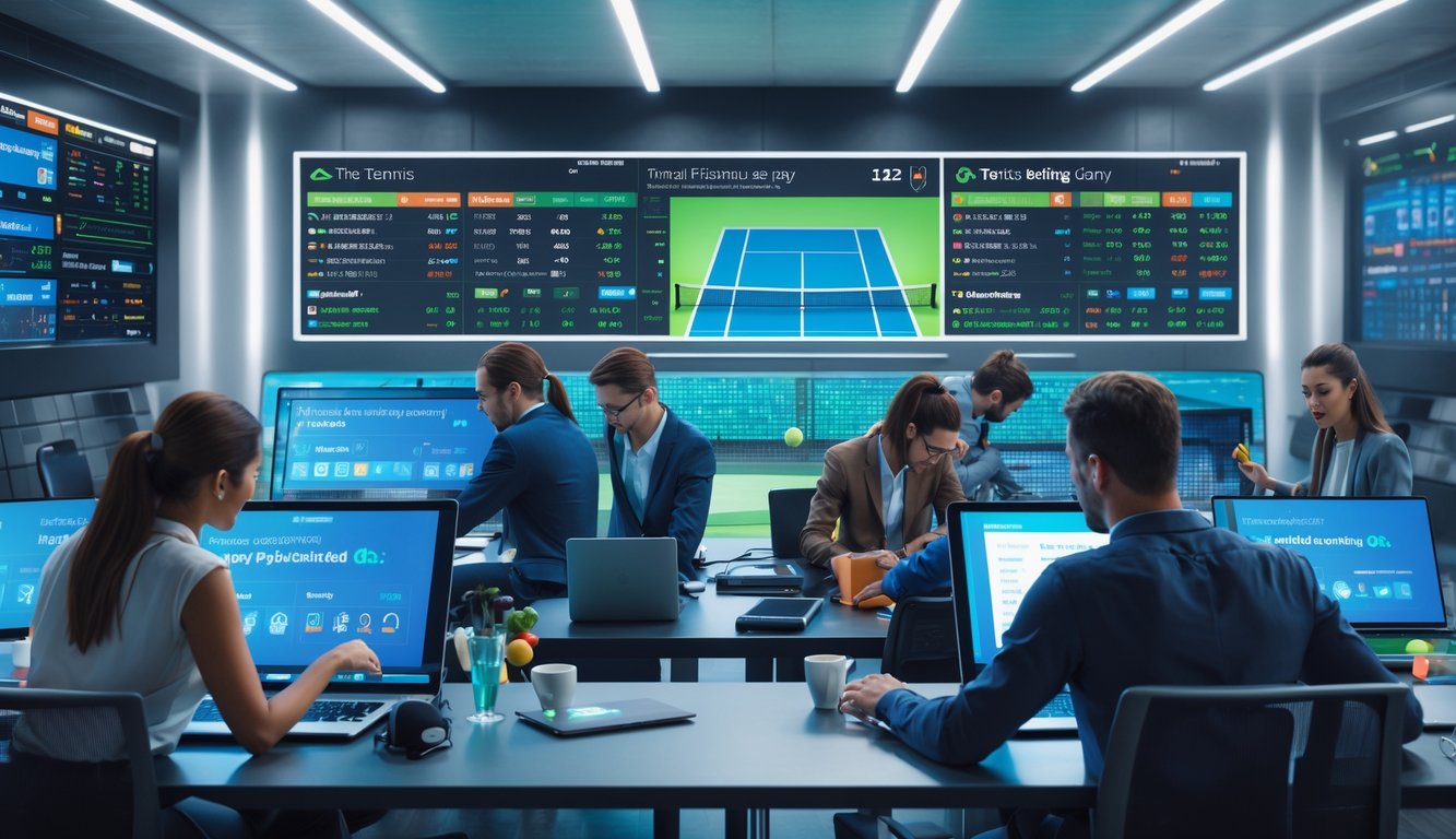 Beberapa orang muda sedang menggunakan laptop dan tablet di ruang kerja modern dengan layar besar yang menampilkan statistik tenis dan peluang taruhan.