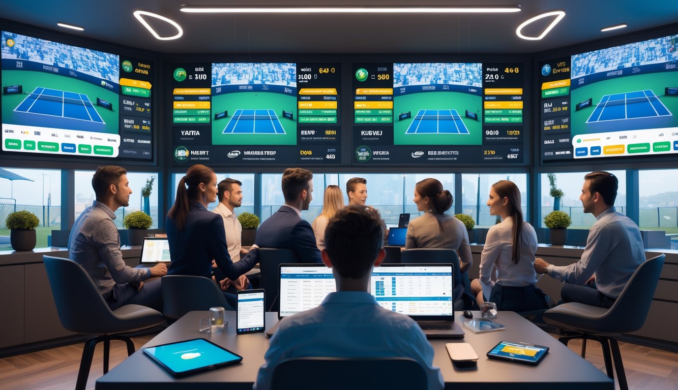 Beberapa orang sedang menonton pertandingan tenis secara langsung dan menggunakan perangkat digital untuk memasang taruhan dengan odds yang kompetitif.