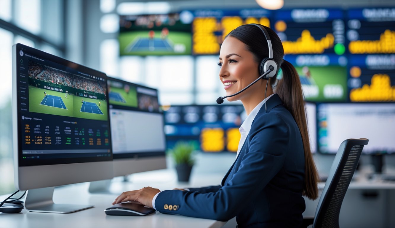 Seorang staf layanan pelanggan di kantor modern yang sibuk dengan layar komputer menampilkan pertandingan tenis dan informasi taruhan.