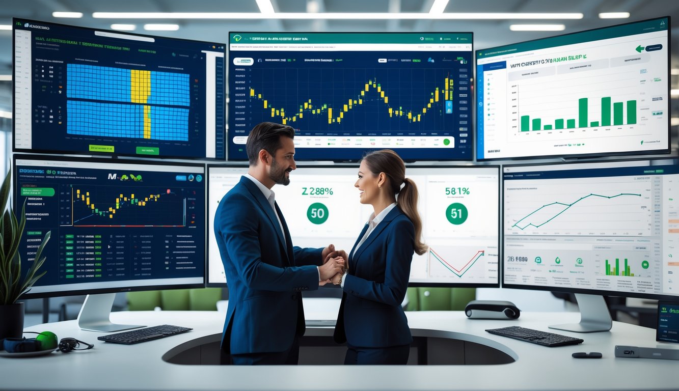 Seorang pria dan wanita bekerja bersama di kantor modern dengan layar komputer yang menampilkan statistik dan prediksi tenis.