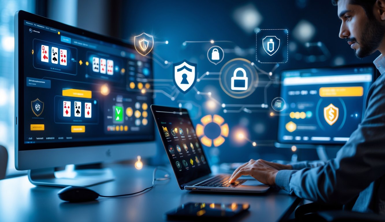 Seorang profesional menggunakan laptop dengan layar menampilkan permainan poker online dan ikon keamanan di meja kerja modern.