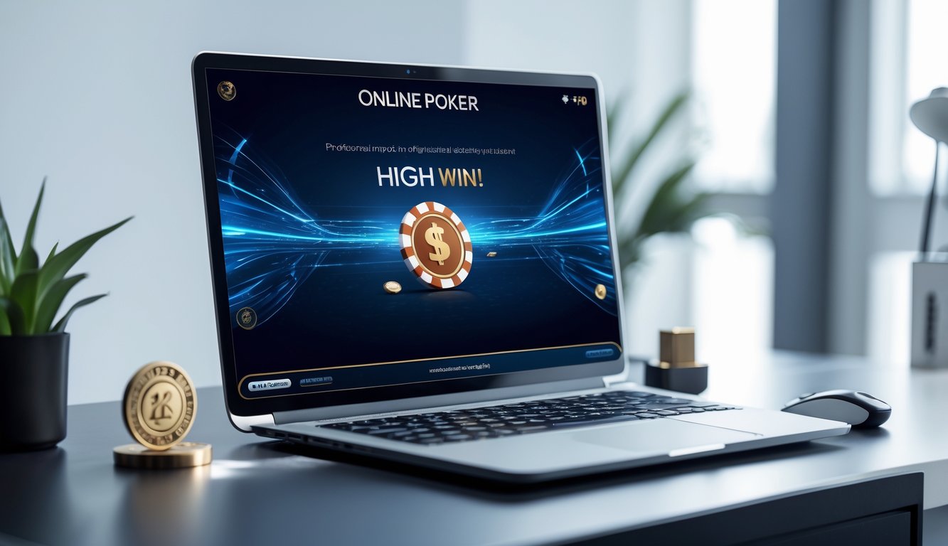 Sebuah meja kerja dengan komputer menampilkan permainan poker online yang profesional dan modern, di ruangan yang terang dan rapi.