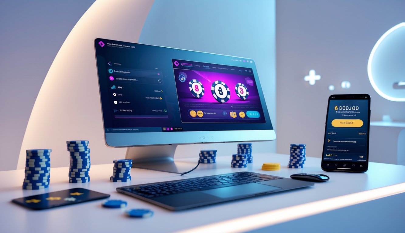 Sebuah meja kerja modern dengan komputer yang menampilkan permainan poker online, dikelilingi oleh chip poker dan kartu remi.