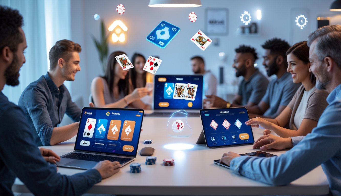 Sekelompok orang bermain poker online menggunakan berbagai perangkat di ruang kerja modern yang terang dan rapi.