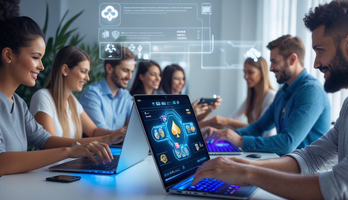 Beberapa orang bermain poker online menggunakan laptop dan ponsel di ruangan modern yang terang dan aman.