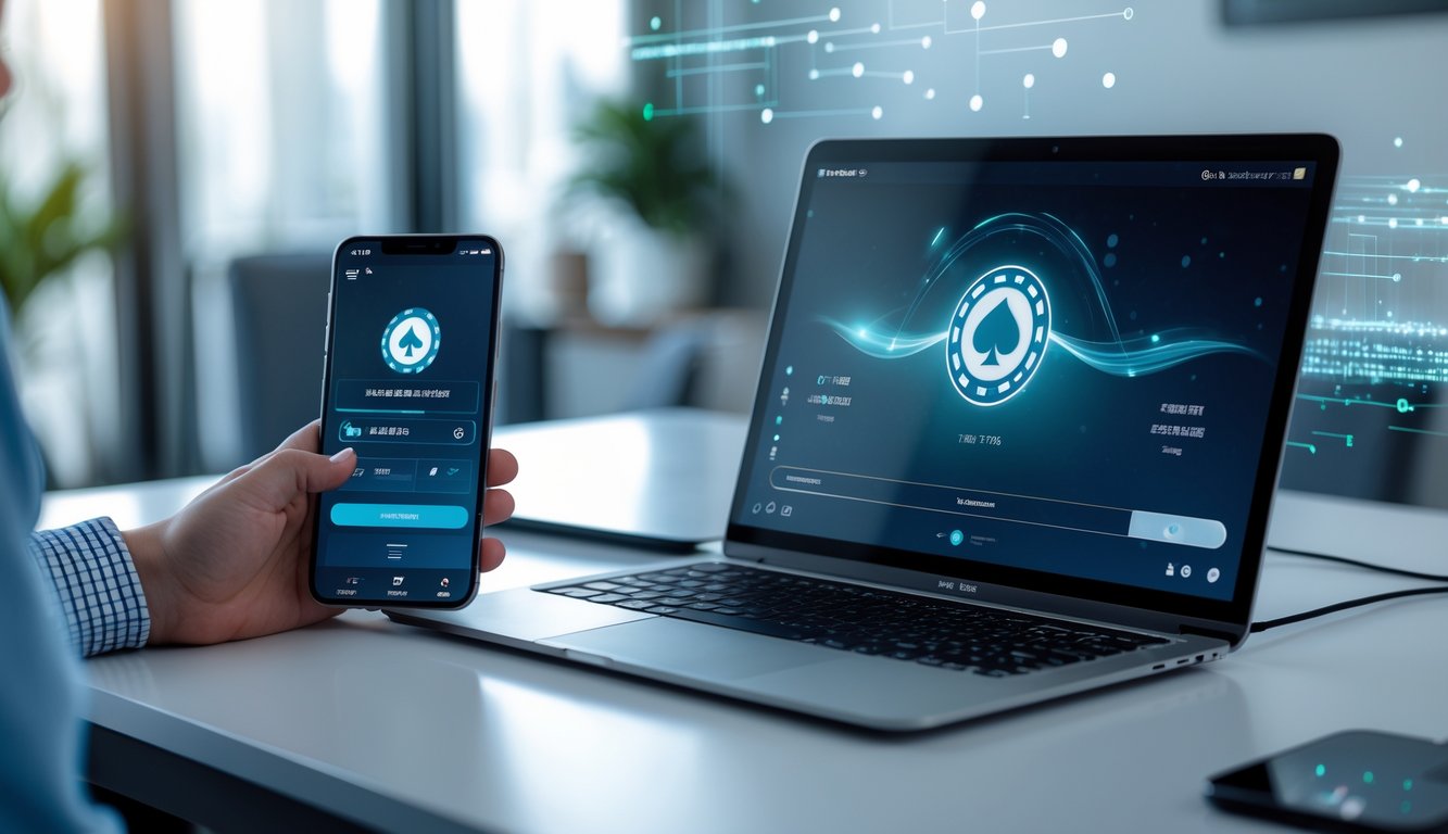 Seorang pria menggunakan laptop dan ponsel di meja kerja modern yang menampilkan permainan poker online dan konfirmasi transaksi cepat.