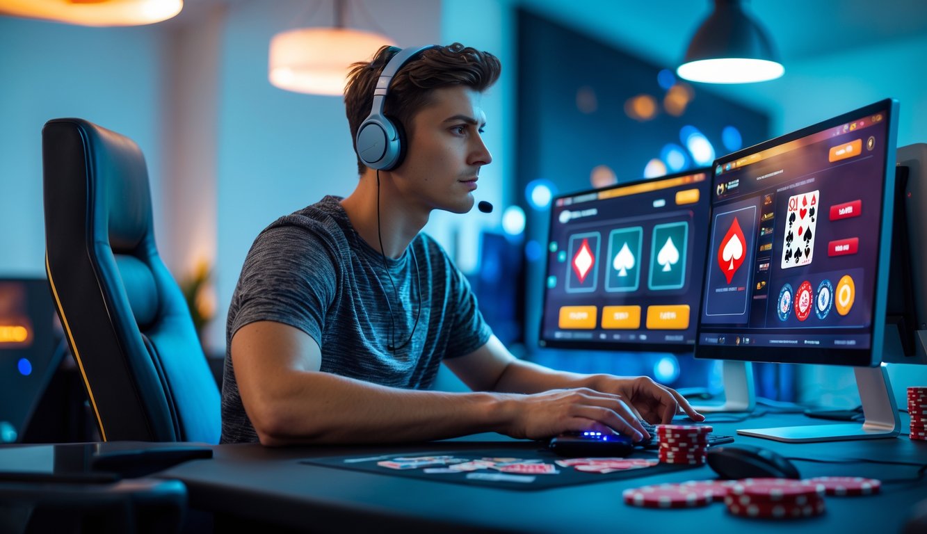 Seorang dewasa muda duduk di depan beberapa monitor komputer yang menampilkan permainan poker online, di ruangan modern dengan pencahayaan terang.