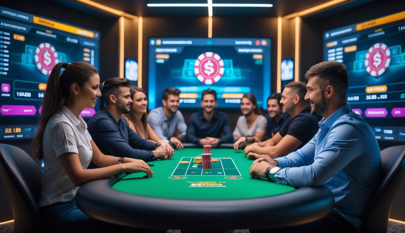 Sekelompok orang sedang bermain poker online dengan layar komputer dan tablet di ruangan modern.