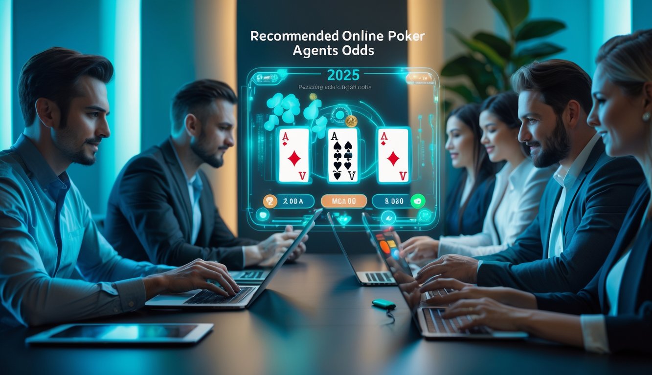 Sekelompok orang dewasa bermain poker online dengan perangkat digital di ruangan modern yang terang.