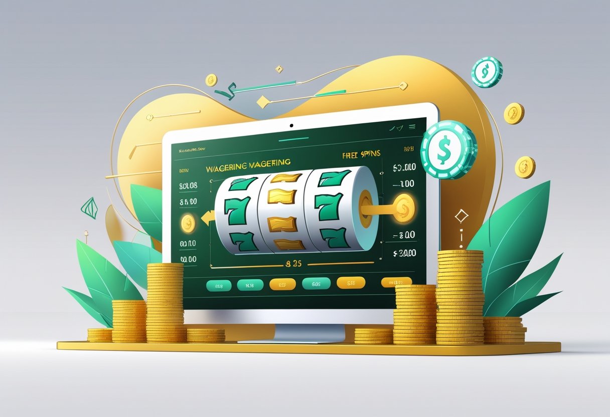 A digital slot machine reel surrounded by coins, a progress bar, and icons illustrating wagering requirements for free spins.