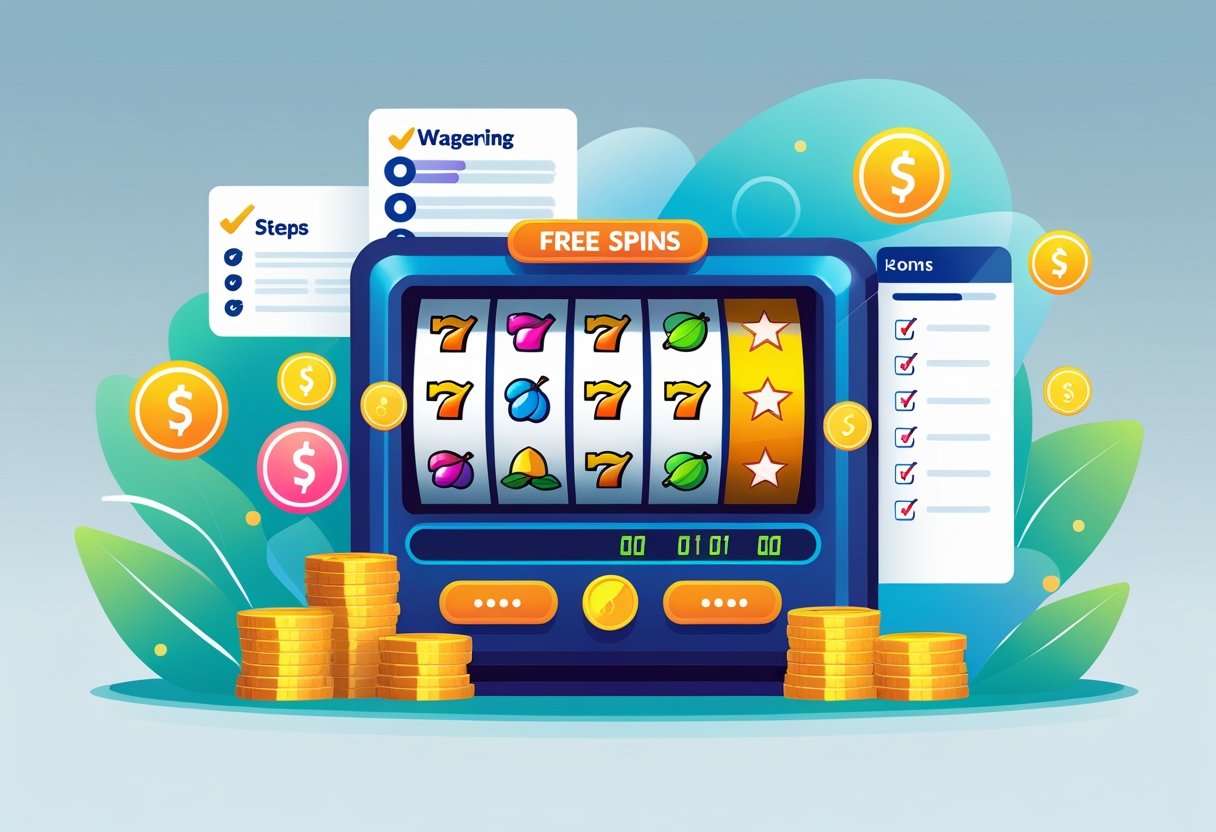 A digital slot machine with spinning reels surrounded by coins, a progress bar, and a checklist representing wagering requirements.