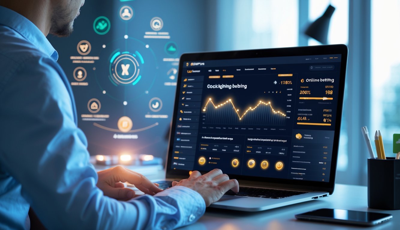 Seorang pria di meja kerja menggunakan laptop yang menampilkan situs taruhan sabung ayam dengan grafik dan statistik, menunjukkan lingkungan taruhan online yang profesional dan terpercaya.