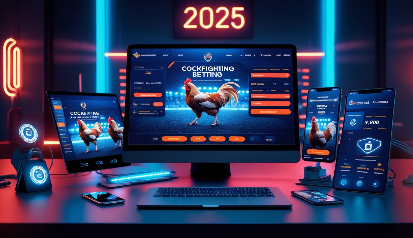 Meja kerja modern dengan beberapa perangkat digital yang menampilkan antarmuka taruhan sabung ayam secara online, di lingkungan yang bersih dan futuristik.