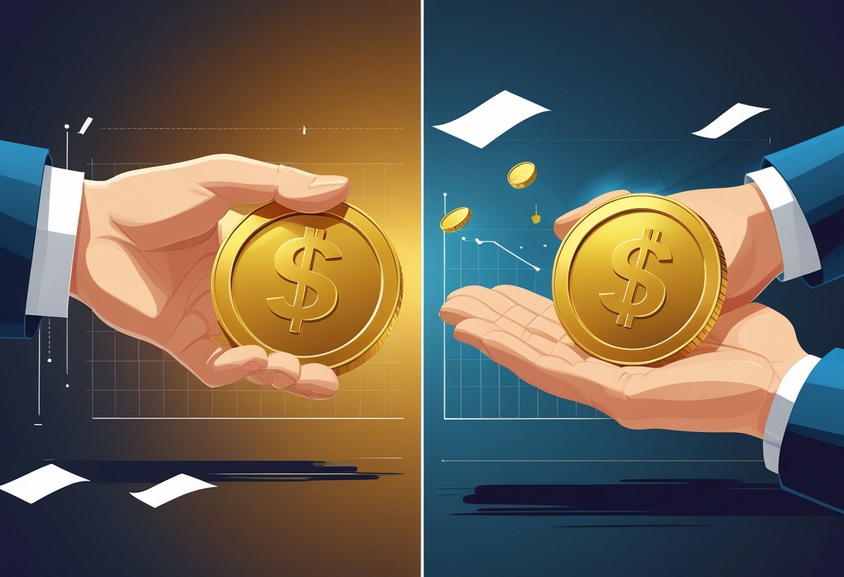 Two hands each holding a golden coin; one coin is firmly attached to the hand while the other is floating away, representing sticky versus non-sticky bonuses.