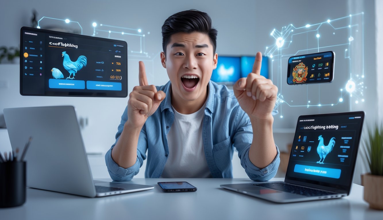 Seorang pria muda sedang menggunakan laptop dan ponsel di meja kerja modern, fokus pada aktivitas taruhan sabung ayam online.