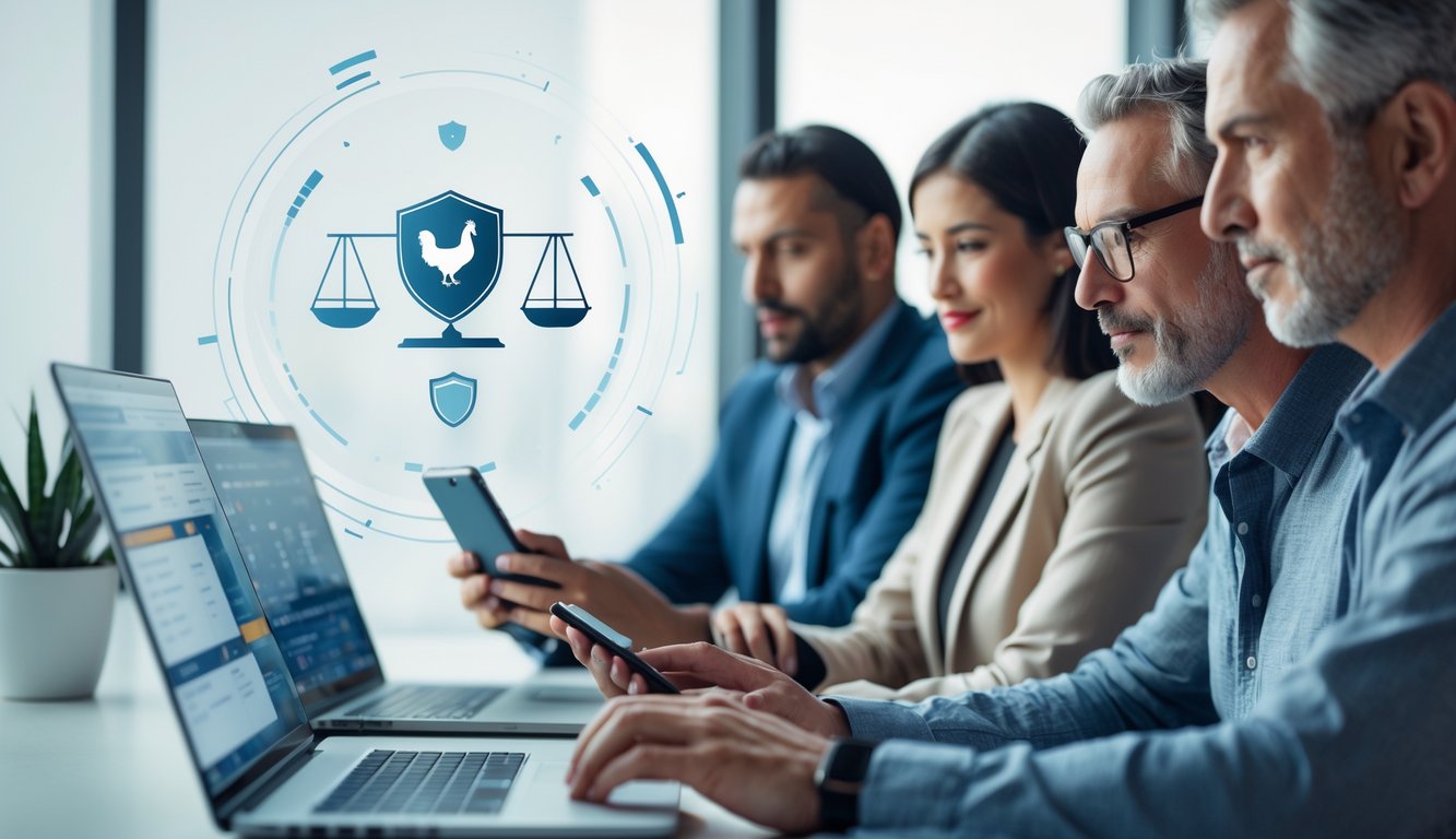 Sekelompok orang dewasa menggunakan perangkat digital dalam suasana kerja modern yang menunjukkan aktivitas taruhan online sabung ayam dengan sistem yang aman dan adil.