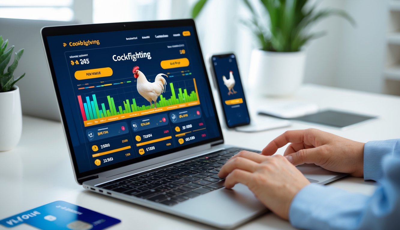 Seorang pria menggunakan laptop di meja kerja dengan tampilan antarmuka taruhan sabung ayam online, dikelilingi oleh ponsel dan kartu kredit di ruang kerja yang terang.