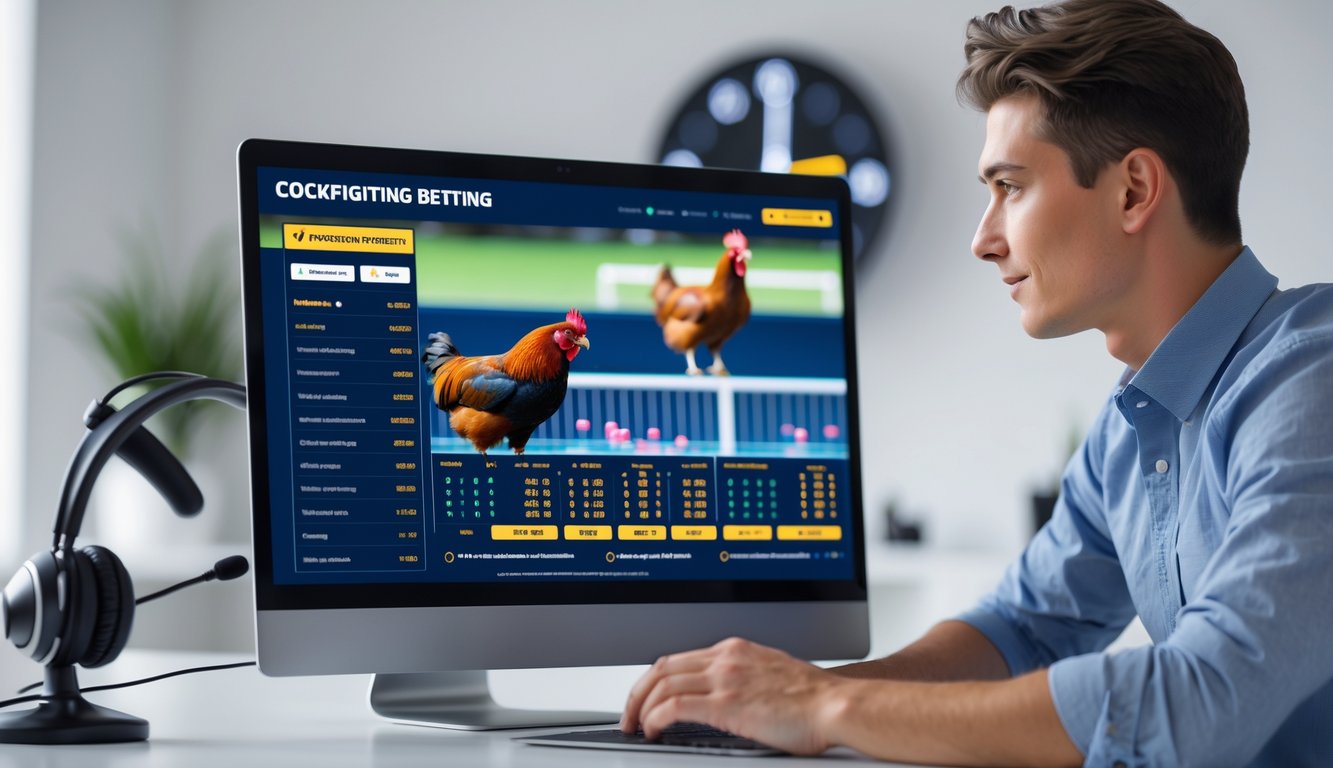Seseorang menggunakan komputer di ruang kerja modern dengan tampilan situs taruhan sabung ayam online dan elemen yang menunjukkan dukungan 24 jam.