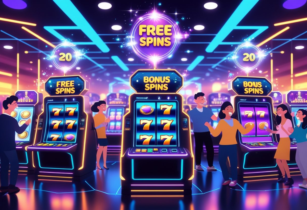 A futuristic casino scene with modern slot machines and excited players enjoying free spins bonuses.