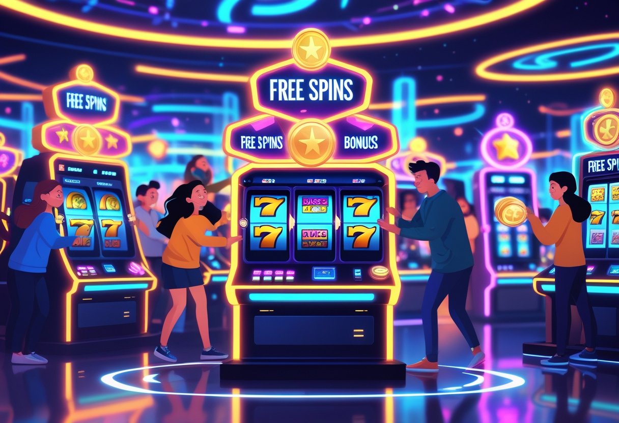 A futuristic casino scene with colorful slot machines and excited players enjoying spinning reels and free spins bonuses.