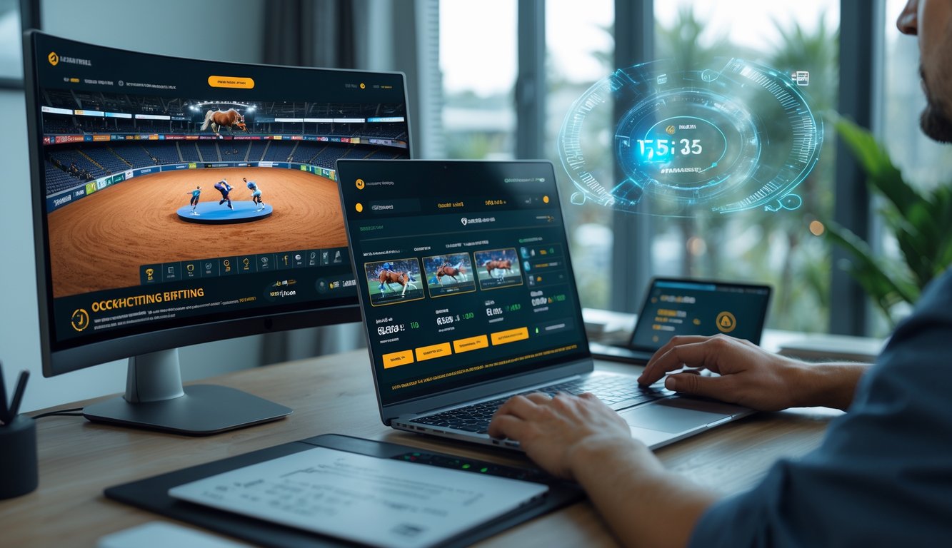 Seseorang sedang menggunakan laptop dan monitor besar yang menampilkan siaran langsung sabung ayam secara online di sebuah ruang kerja modern.