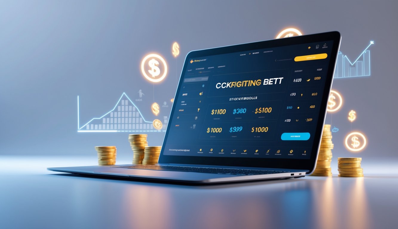 Seorang pengguna duduk di depan laptop dengan layar menampilkan situs taruhan online sabung ayam dan grafik taruhan yang dinamis.