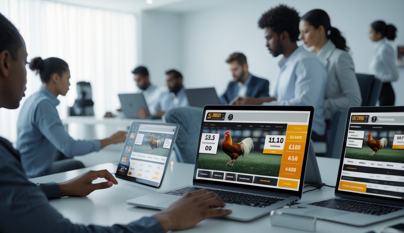 Beberapa orang menggunakan perangkat digital untuk bertaruh secara online pada sabung ayam di ruangan yang terang dan modern.