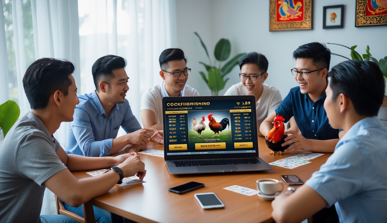Beberapa orang sedang menggunakan laptop dan smartphone untuk bertaruh pada sabung ayam secara online di sebuah ruangan modern.