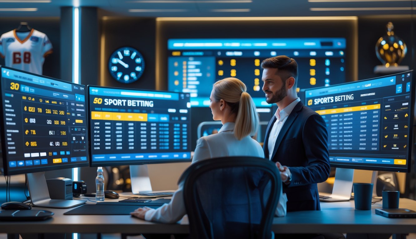 Dua orang profesional bekerja bersama di depan beberapa layar komputer yang menampilkan data taruhan olahraga dan ikon pembayaran cepat di sebuah kantor modern.