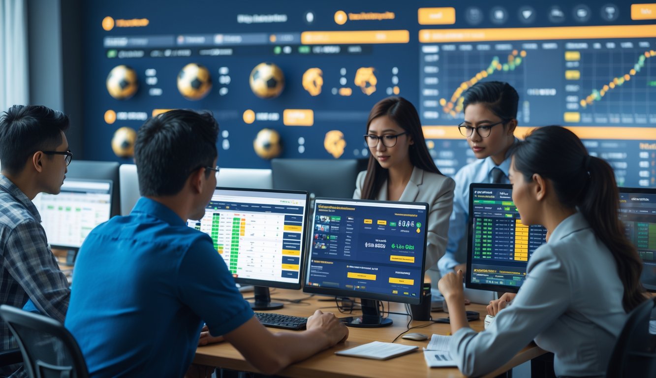 Sekelompok profesional Indonesia bekerja bersama di kantor modern sambil menggunakan komputer dan ponsel untuk analisis dan taruhan sepak bola online.