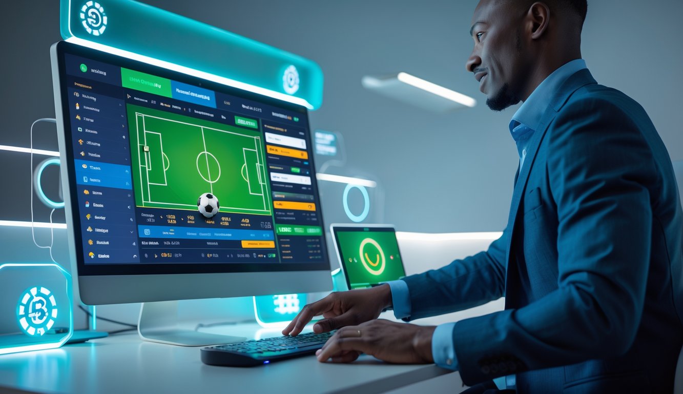 Seorang pria duduk di depan komputer dengan layar menampilkan pertandingan sepak bola dan opsi taruhan online, di ruang kerja modern yang terang dan rapi.