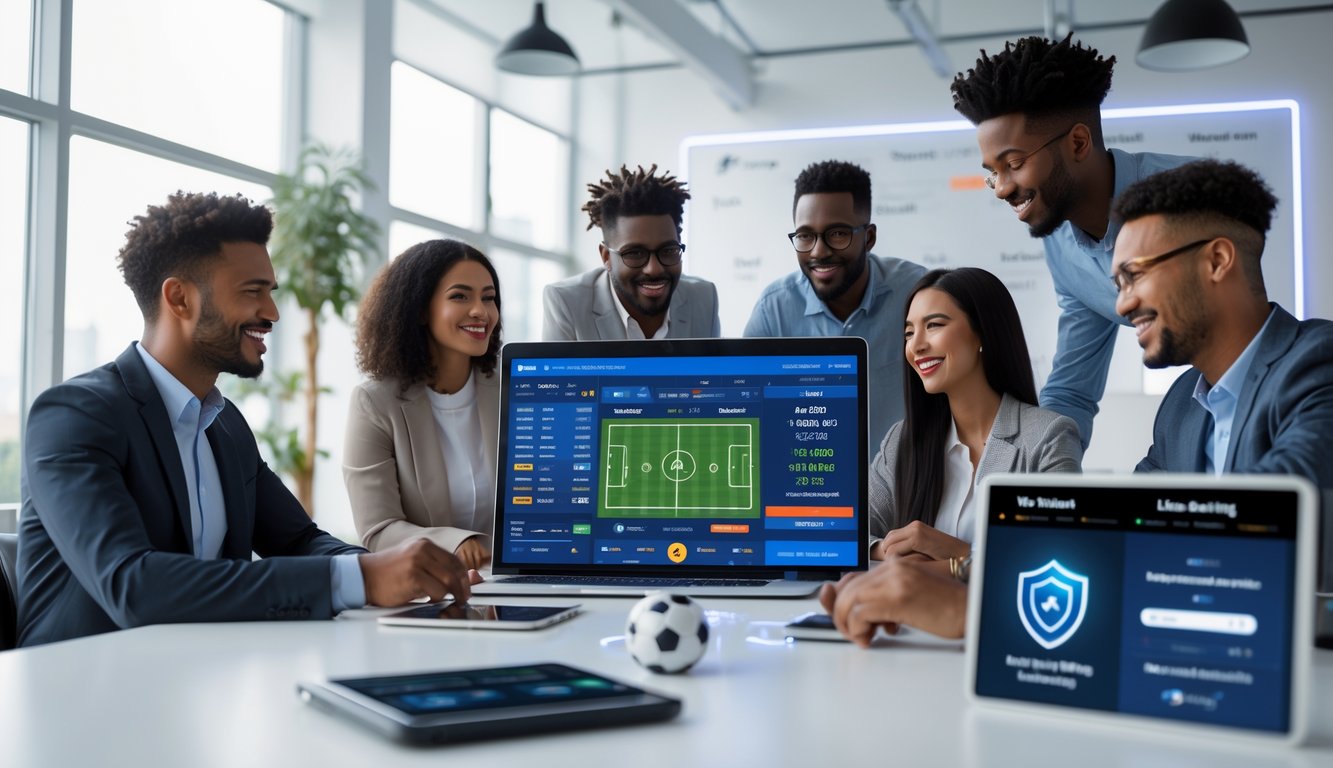 Sekelompok orang muda yang percaya diri menggunakan antarmuka digital untuk taruhan sepak bola online di kantor modern dengan pencahayaan alami.