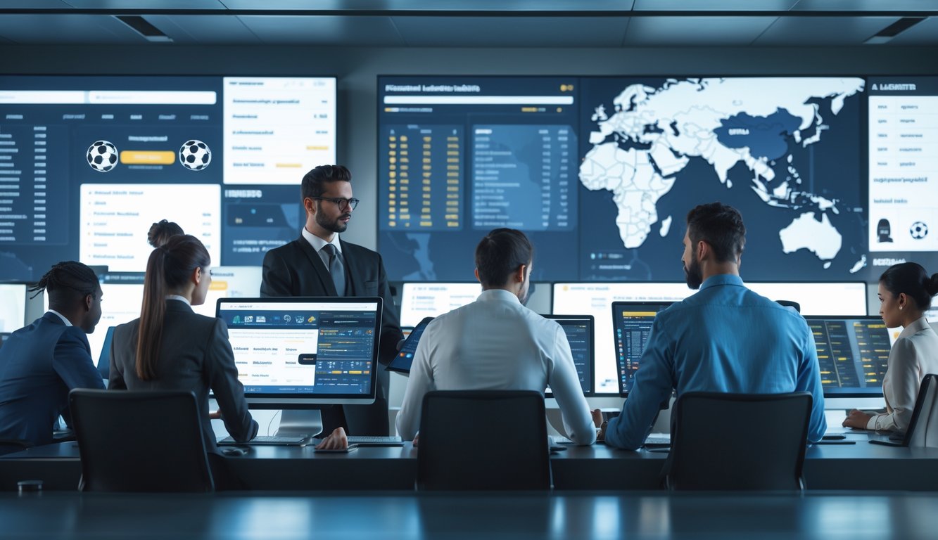 Orang-orang bekerja di kantor modern dengan layar besar menampilkan liga sepak bola dunia dan statistik taruhan.