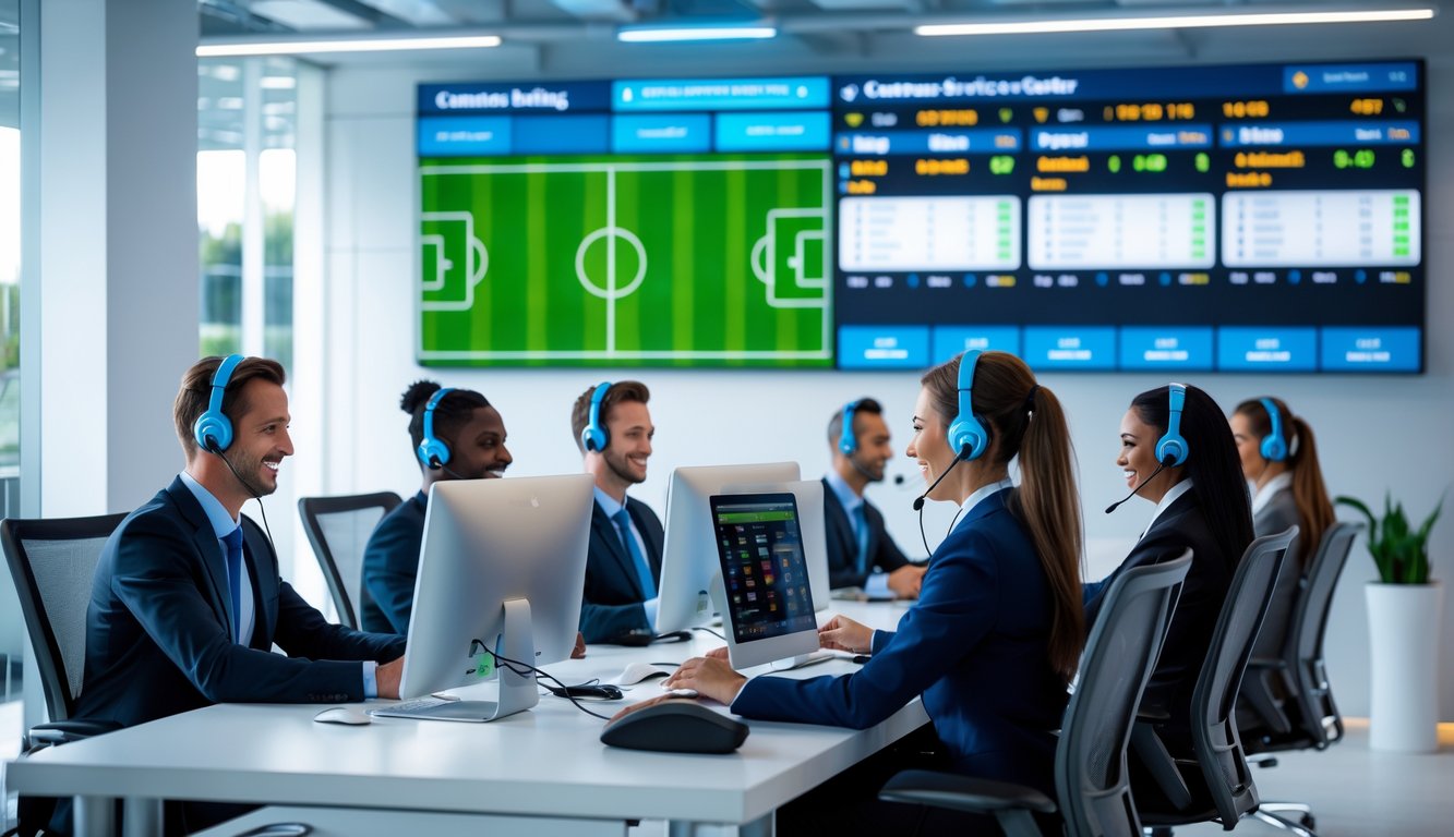 Tim layanan pelanggan sedang bekerja di pusat layanan judi bola online dengan komputer dan layar yang menampilkan pertandingan sepak bola.