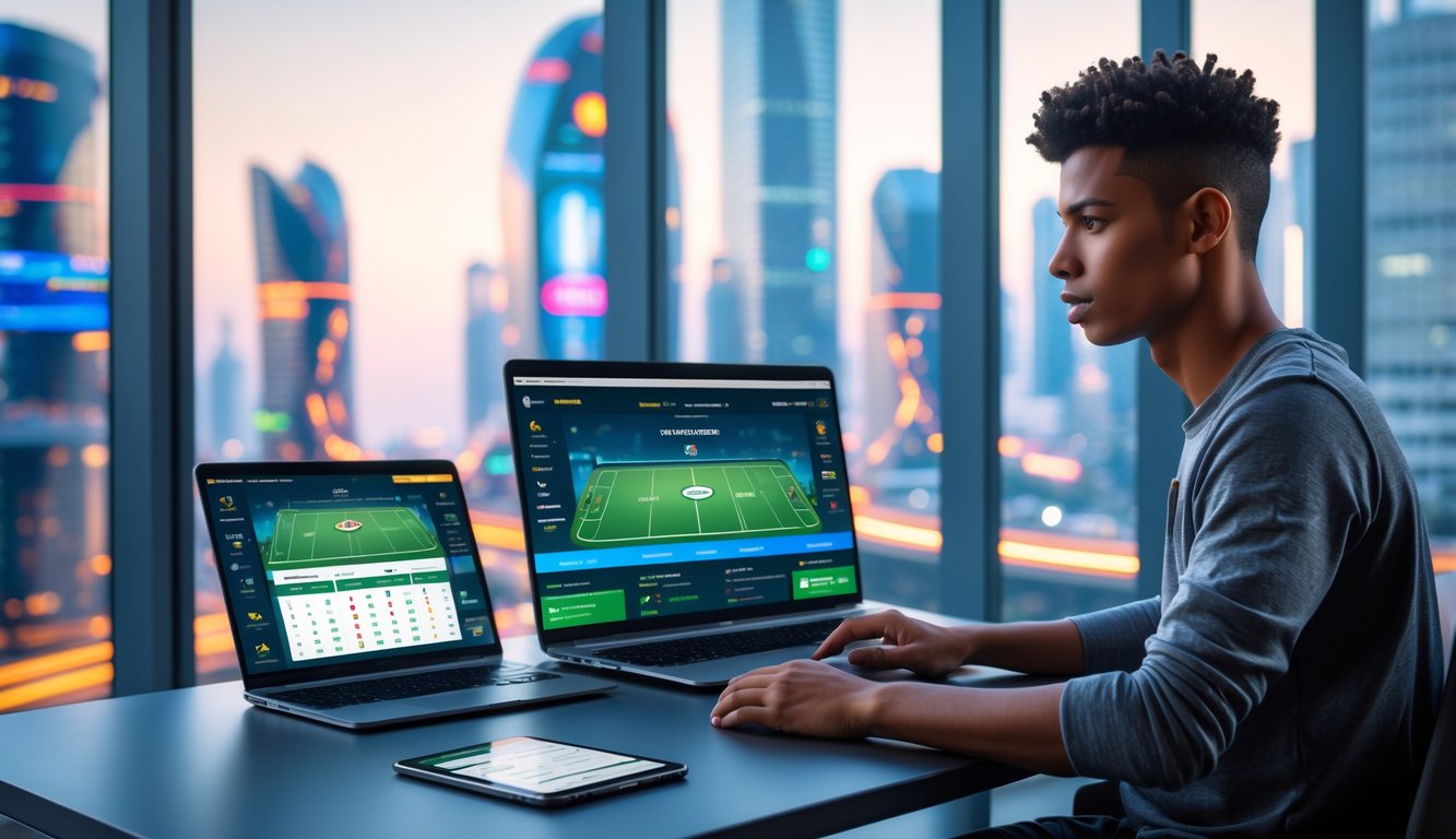 Seorang dewasa muda duduk di meja dengan laptop dan ponsel, menampilkan antarmuka taruhan olahraga online, dengan latar belakang pemandangan kota futuristik.