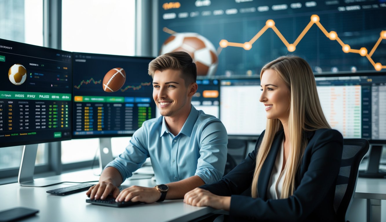 Dua orang profesional bekerja di kantor dengan beberapa monitor menampilkan statistik pertandingan sepak bola dan grafik pertumbuhan.