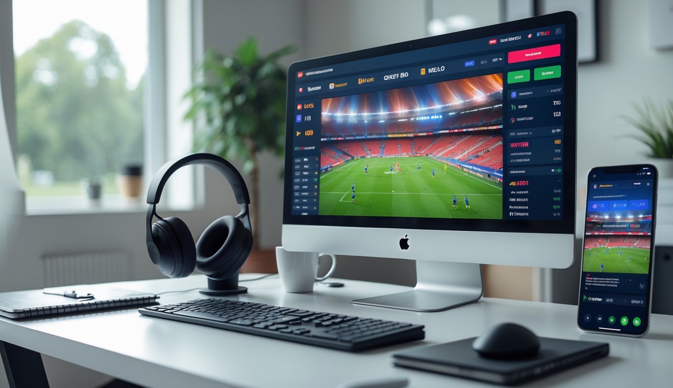 Sebuah ruang kerja modern dengan komputer dan ponsel yang menampilkan pertandingan sepak bola langsung dan fitur taruhan online.