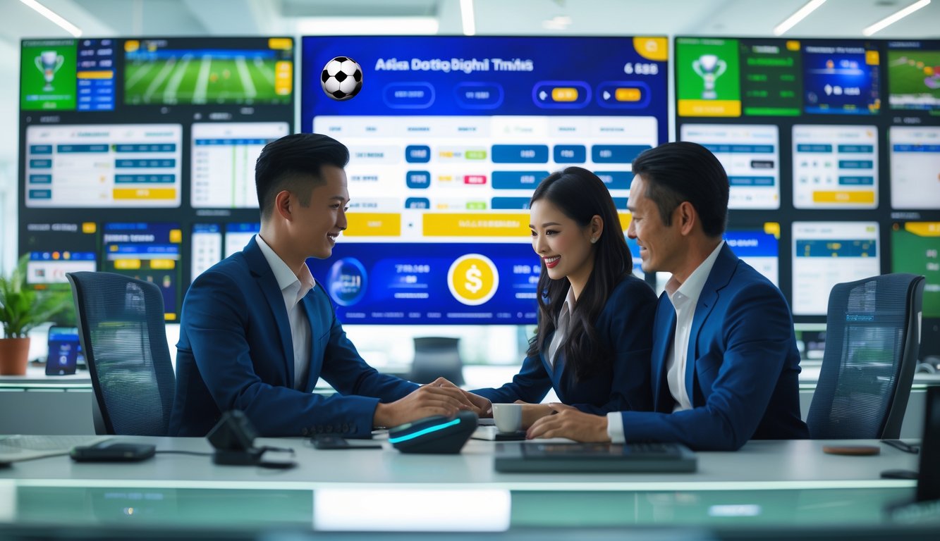 Dua orang profesional sedang bekerja bersama di kantor modern dengan layar digital menampilkan pertandingan sepak bola dan ikon transaksi aman.