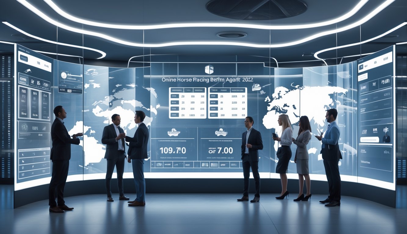 Orang-orang bekerja dengan layar digital yang menampilkan pasar pacuan kuda internasional di kantor modern.