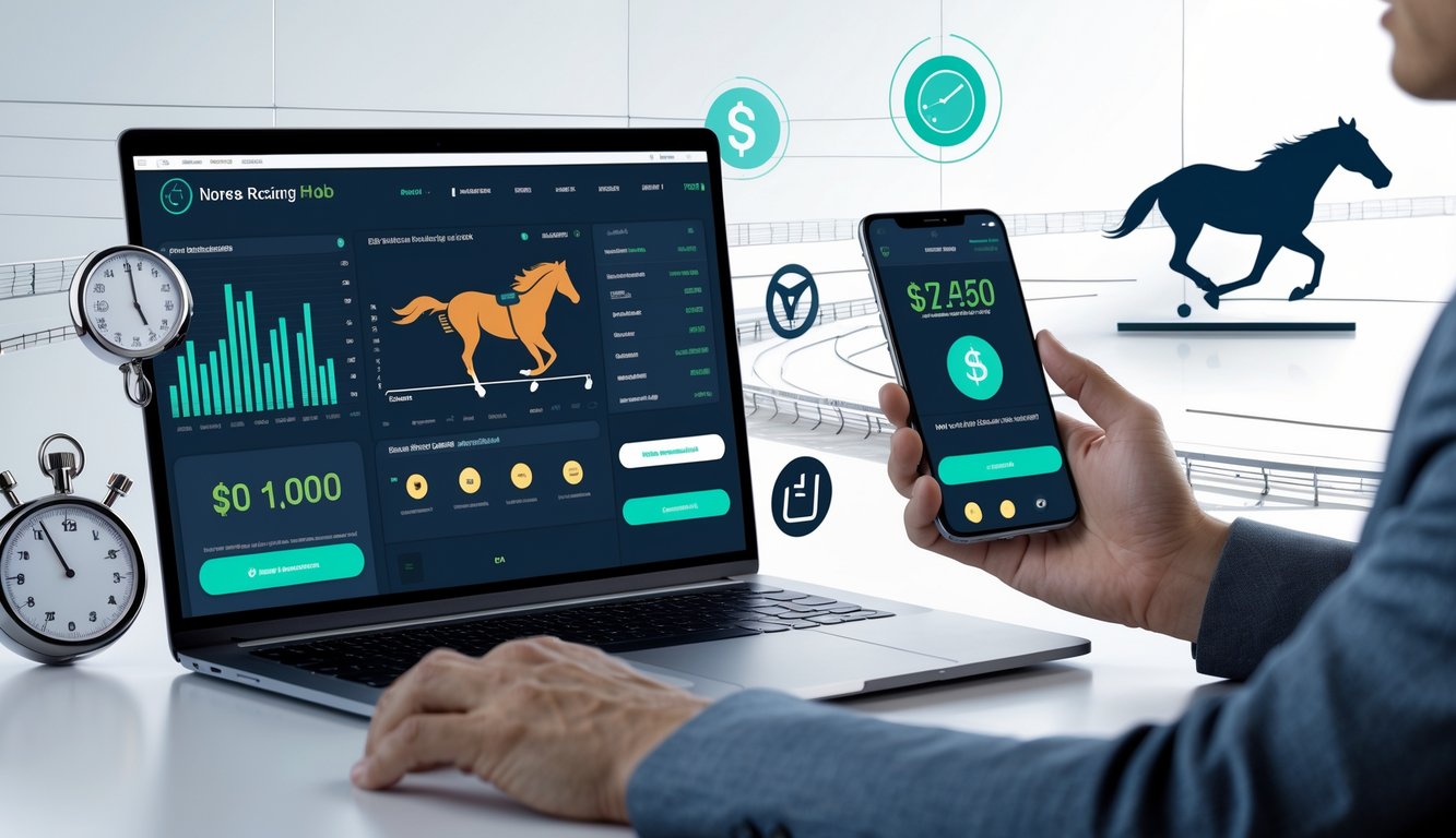 Seorang profesional menggunakan laptop dan ponsel untuk memasang taruhan pacuan kuda online dengan latar belakang simbol pacuan kuda dan elemen pembayaran cepat.