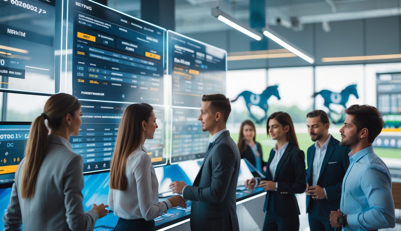 Orang-orang muda menggunakan platform taruhan pacuan kuda online dengan layar digital yang menampilkan informasi balapan dan peluang taruhan.