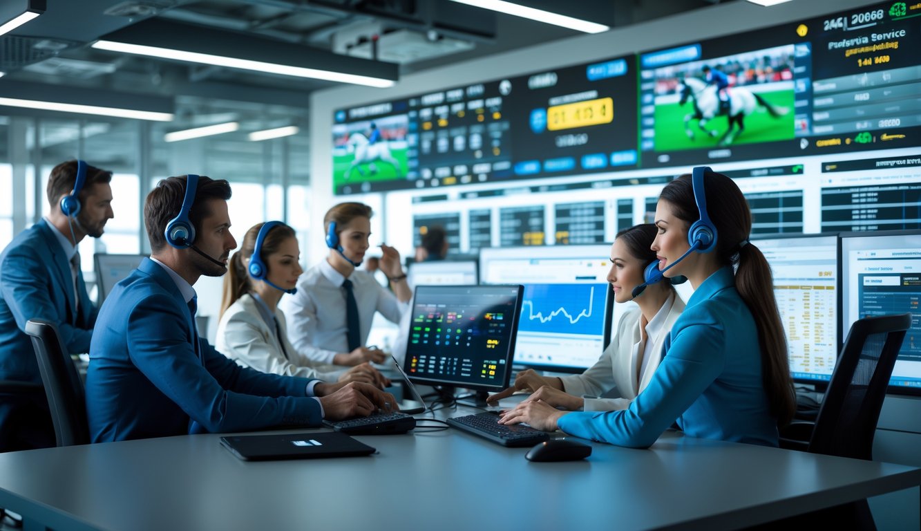 Seorang profesional di kantor modern memantau pacuan kuda secara online dengan layar besar dan peralatan teknologi tinggi.