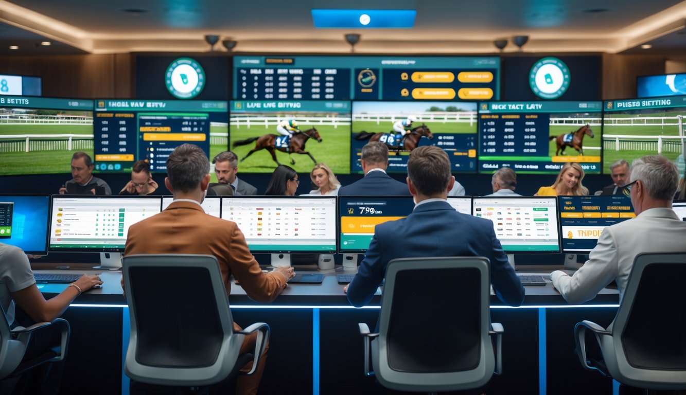 Orang-orang menggunakan komputer dan perangkat digital untuk memasang taruhan pacuan kuda secara langsung di lingkungan modern.
