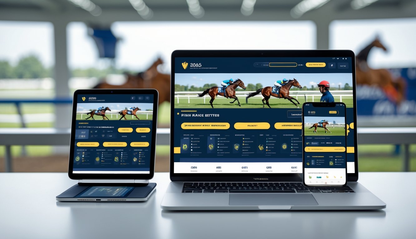 Seseorang menggunakan perangkat digital untuk memasang taruhan pacuan kuda secara online dengan latar belakang pacuan kuda.