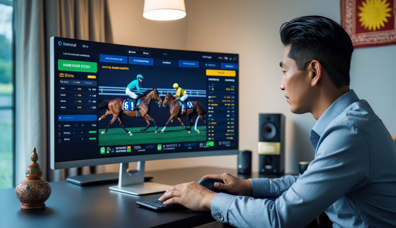 Seorang pria Indonesia sedang menggunakan komputer untuk taruhan pacuan kuda online di ruang kerja modern.