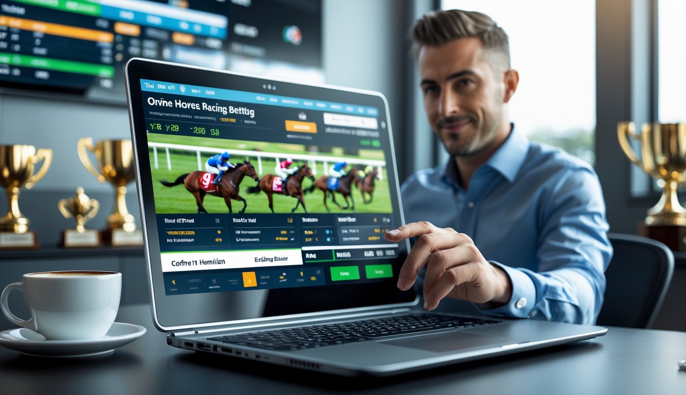 Seorang agen berpengalaman sedang menggunakan laptop dengan tampilan taruhan pacuan kuda online di meja kerja modern.