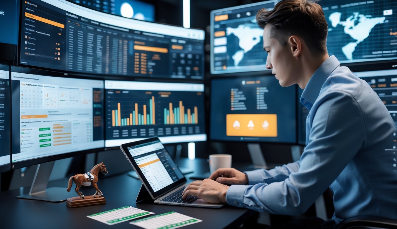 Seseorang sedang menganalisis data pacuan kuda di depan beberapa layar komputer dengan grafik dan statistik lengkap.