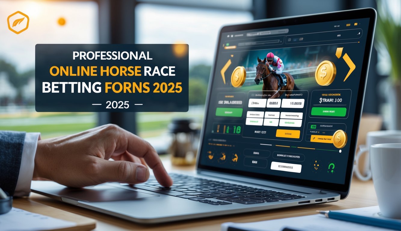 Seseorang menggunakan perangkat digital dengan latar belakang pacuan kuda yang sedang berlomba dan simbol bonus digital.